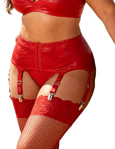 comeondear Simili Cuir Porte Jarretelle Sexy Grande Taille Lingerie Sexy Femme Dentelle Porte-Jarretelles Vintage avec 6 Attaches Guêpière Jarretière Rouge Haute Taille pour Bas Rouge,L