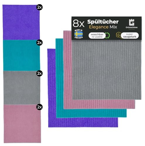 Grünschloss Spüllappen bunt waschbar (8X) schwedische Baumwoll Spültücher (Baumwolle + Holz) Schwammtücher saugfest Küche Putzlappen in 4 Farben System Skandi Stil natürliche Reinigungstücher