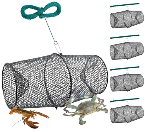 Ribbonlic 4 Set Minnow Trap Crawfish Trap with Closure Spring Clip and 4 Pcs Hand Ropes Fishing Trap for Crayfish Crawdad Lobster Crab Bait Metal Net Cage Crawfishing