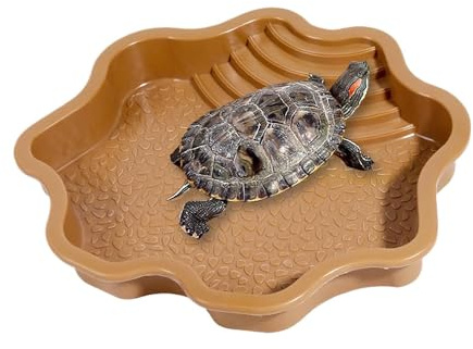 Flushbay Extra Large Reptile Bathing Pool Reptile Feeding Dish Water Bowl with Ramp Aquarium Ornament for Gecko, Snake, Turtle, Bearded Dragon, Lizard Bath (Brown-Yellow)