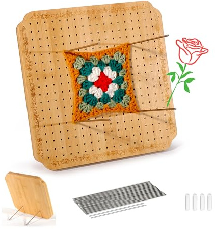 CraftyManor 10 in Crochet Blocking Board and Pins, Wooden Blocking Board for Crochet and Knitting Projects,Granny Square Blocking Board with 20 Stainless Steel Pegs, Bamboo Crochet Accessories