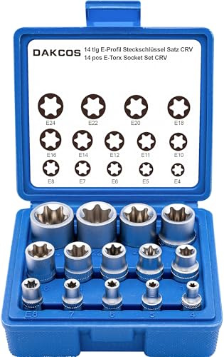 DAKCOS Juego de 14 llaves de vaso E-Torx Vaso de Torx hembra con puntas perfiladas E 1/4 3/8 1/2 E4, E5, E6, E7, E8, E10, E11, E12, E14, E16, E18, E20, E22, E24, CR-V
