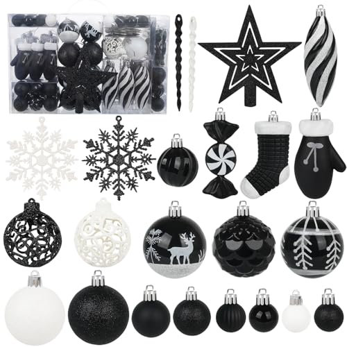 Miaikoe 135 pièces Boule de Noël Ornements Ensemble, Boule de Noël pré - attaché en Plastique incassable Arbre de Noël Pendentif Ornements Fête de Noël décoration de Vacances (Noir)