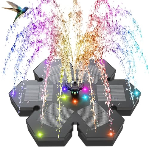 GAIZERL Solar Fountain Snowflake Style, 2025 Upgrade 3.5W Solar Bird Bath Fountains, Solar Powered Water Fountain with 2000mAh Battery, LED Lights, 7 Nozzles for Hummingbird, Garden, Pool, and Pond