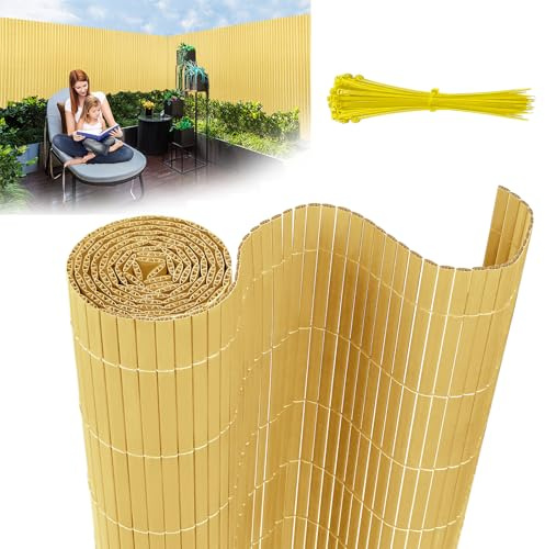 YUENFONG 80x300cm Sichtschutzmatte PVC Sichtschutzzaun Windschutz Gartensichtschutz mit Kabelbindern, für Balkon, Garten, Terrasse, Außenbereich, Bambus Farbe