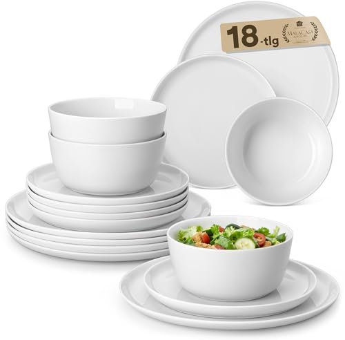MALACASA Assiettes Service de Table 6 Personnes, 18 Pièces Porcelaine Set de Vaisselle Blanc, incluant de 6 Assiettes à dîner/Dessert, 6 Bols à Céréales - Série LEXI