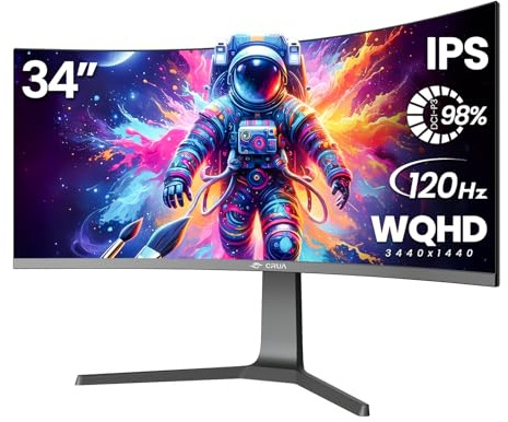 CRUA 34 Curved Gaming Monitor, IPS WQHD(3440x1440P) 120Hz 1900R 21:9 UltraWide PC Display, 130% sRGB, AMD FreeSync, Blue Light Filter, HDMI/DP Ports, Wall Mountable Installs– Black