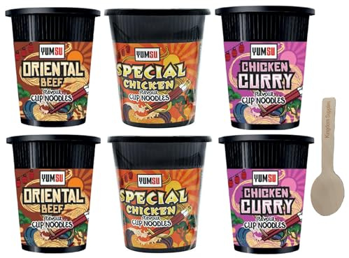 Cup Noodles Selection Pack 3 Varieties 2 of each Flavour. 6 Great, Quick Snacks for On The Go meals. Chicken Curry, Special Chick Oriental Beef with Kingdom Supplies Spoon