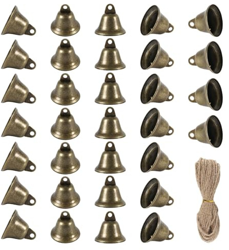 AWBEOT 32 cascabeles de bronce pequeños vintage pequeños de 38 mm, mini cascabeles de Grelots para colgar con 10 m de hilo de yute para manualidades, vacaciones, bodas, casa