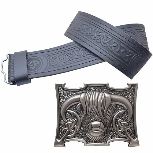 Ensemble ceinture de kilt et boucle – Cuir noir avec gaufrage de la trinité celtique, boucle Heilan Coo écossaise en étain fabriquée à la main – Robe Highland parfaite pour homme