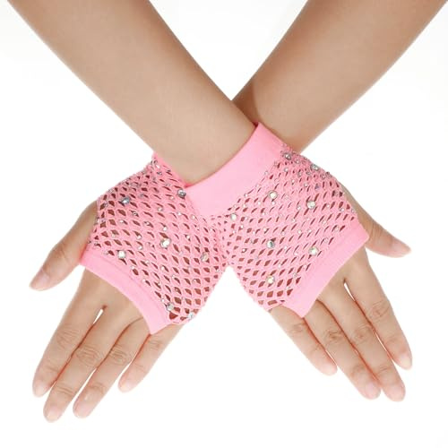Lusofie Guanti a Rete Corti in Nylon con Strass Accessori per Feste da Ragazza Anni '80 Guanti Senza Dita Donna Eleganti per Cosplay Costumi per Feste a Tema Halloween Performance Maniche a Rete