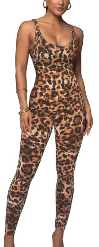 Barboteuse imprimée léopard pour Femme, Combinaison Une pièce sans Manches col en U Bretelles Spaghetti, Body Extensible sur Tout Le Corps, fête Club Sortie, Combishort de Yoga Coupe ajustée