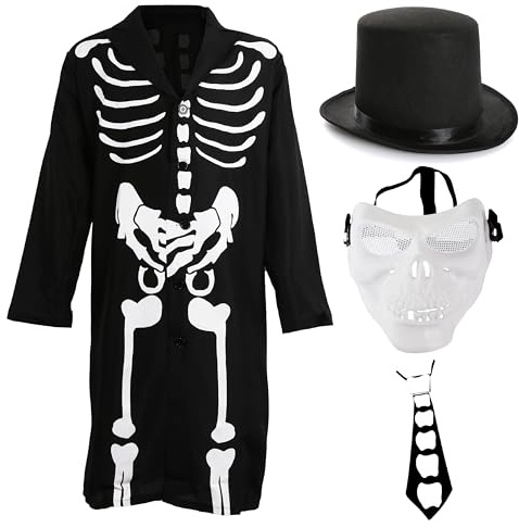 Costume da scheletro per adulti, grande, cappello a cilindro, maschera scheletrata, stampa giacca e stampa cravatta, perfetto per eventi di Halloween