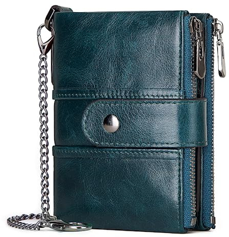 TEUEN Geldbörse Damen Klein Viele Fächer Damen Portemonnaie Frauen Leder mit Kette RFID Damengeldbeutel mit Münzfach Doppelreißverschluss Portmonee Damen Viele Kartenfächer Echtleder Wallet (Blau)