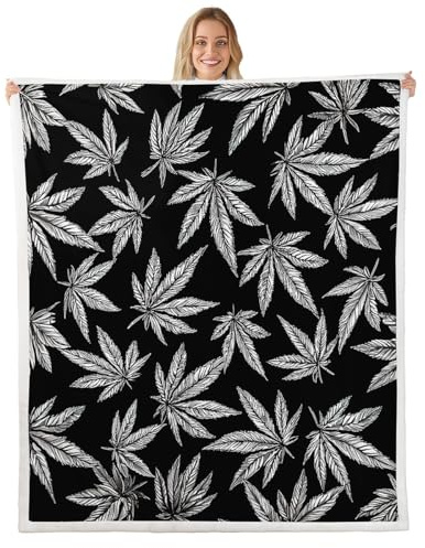 Marijuana Leaf Soft Cozy Fleece Blankets Cannabis Leaves Fleece Flannel Throws for Men Women Adults Marijuana Weed Leaf Botanical Throw Blankets Hemp for Sofa Bed Couch,Black,Gray,Queen 90x90 Inches