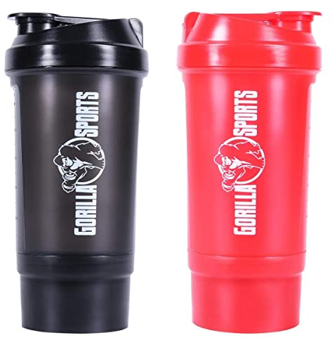 GORILLA SPORTS® Protein Shaker - 500ml, mit Pulverfach und Sieb, BPA frei, für Cremige Klumpenfreie, Mikrowellen Geeignet, Rot oder Schwarz - Proteinshake, Eiweiß Shake, Trinkflasche, Shaker Becher