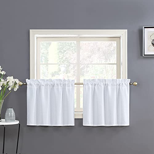 Home Queen White Water Resistant Bathroom Window Curtain, Waffle Textured Half Tier Curtains for Kitchen Cafe, 36 W X 24 L Inches, Set of 2