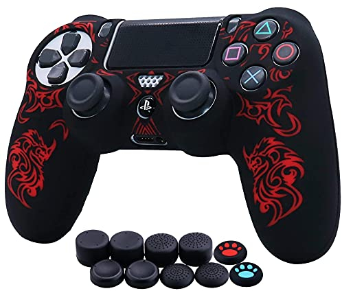 HLRAO Lasergravur Drachen Silikon Hülle Skin Case (Strahlung) für PS4/Slim/Pro Controller x 1 Mit Pro aufsätze Thumb Grips x 10.