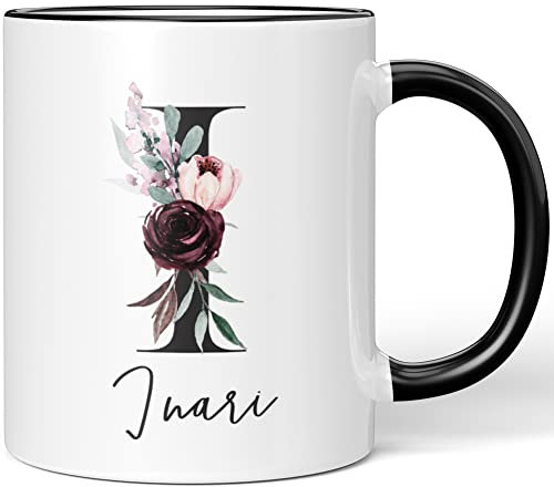 JUNIWORDS Tasse, Inari, Name Anfangsbuchstabe Initial Alphabet Floral Buchstabe I Monogramm Motiv, Schwarz (5574702)