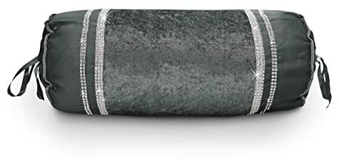 Intimates Luxury Crushed Velvet Diamante Sparkle Bands Complete Bedding Set Duvet Cover and Pillowcase Set (Charcoal Grey, Filled Neck Roll)