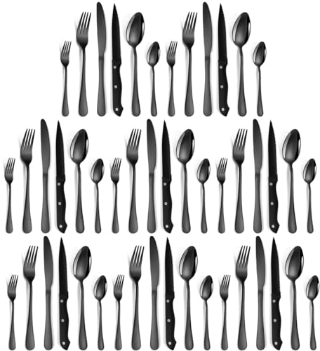 Set Posate 8 Persone, 48 Pezzi Servizio Posate Acciaio Inox Commestibile Design Cucchiai e Coltelli Moderne Miste Forchette Posate Da Tavola, Finitura a Specchio, Lavabile In Lavastoviglie (Nero)
