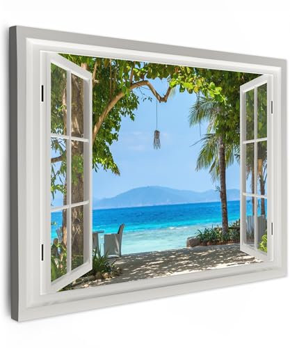 MuchoWow© Cuadros Decoracion Salon Modernos 70x50 cm Pinturas Lienzo Decorativo para Pared Decoración Hogar Lienzos Vista desde la ventana - Árbol - Mar - Palmera - Colinas - Playa - Azul