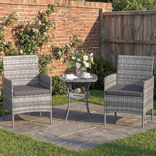 Amopatio Ensemble de meubles de jardin en rotin 3 pièces - Petit salon de jardin extérieur résistant aux intempéries - Table de bistrot avec 2 chaises - Meubles de terrasse pour terrasse, balcon, Gris