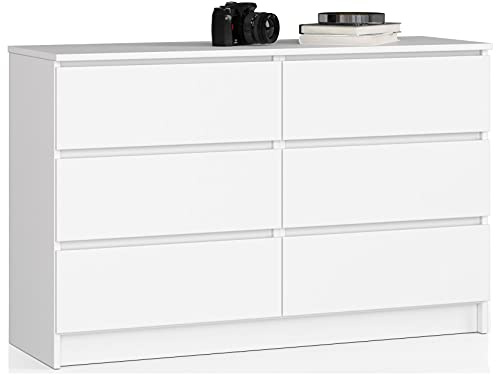 AKORD | Cassettiera K-120 con 6 (2 x 3) Cassetti | Moderna Mobiletto per Soggiorno Sala da Pranzo Camera da Letto Corridoio Bagno | Armadio Cameretta | 120x77x40 cm | Peso 43kg | Bianco