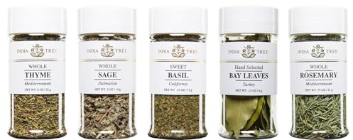 India Tree Kitchen Herb Essentials Gift Pack - 5 Jars of Mediterranean Thyme, Dalmatian Sage, California Basil, Turkish Bay Leaves, and Mediterranean Rosemary