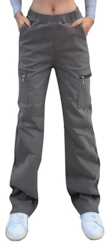 Nuofengkudu Dam breda ben stridsbyxor med blixtlåsfickor stretch hög midja arbete långa byxor lös passform loungekläder Y2K tonårstjejer streetwear ledig, Grå, XL