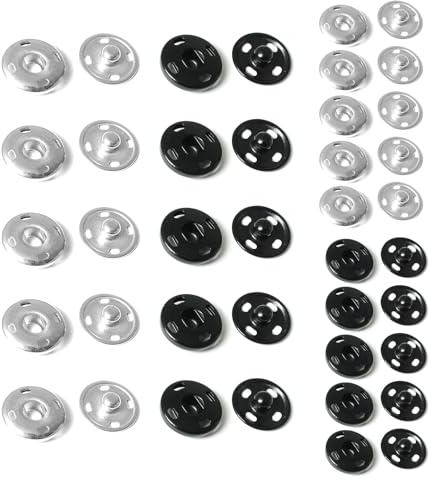 Press Studs Snap Fasteners, 20 Sets Sew on Snap Buttons Metal Clothes Poppers Fastener Black Silver Press Stud for Clothing Sewing-8.5 mm 12mm