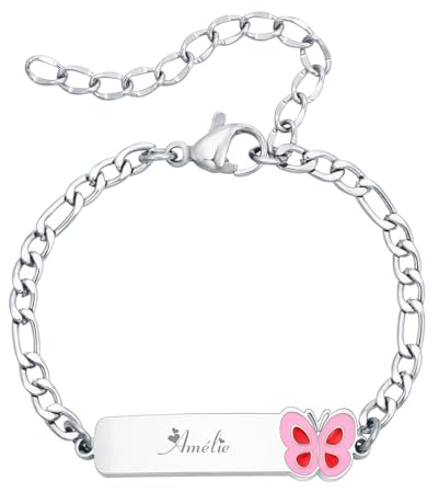 Bracelet Personnalisé Filles et Garçons Bébé, Bracelet Prénom Mignon Chaîne Figaro Réglable, Cadeaux De Baptême (1.Papillon,Argent)