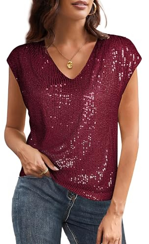 GRACE KARIN Camicetta Vintage con Paillettes da Donna, Manica Corta, Scollo a V, Tunica con Dettagli Glitterati, Top da Festa per Il Tempo Libero, Feste, Club, Vino Rosso L