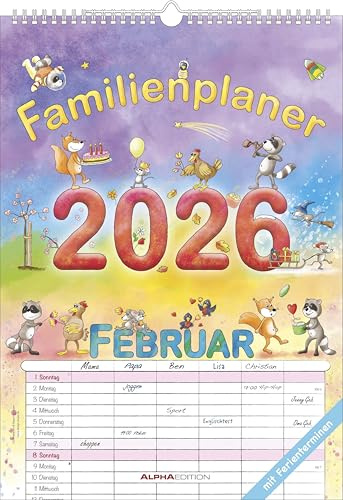 Alpha Edition - Familienplaner Cartoon 2026 – Familienkalender A3 (29,7×42 cm) mit 6 Spalten, Ferienterminen & Platz für Notizen – Wandkalender mit lustigen Illustrationen von Silke Leskien