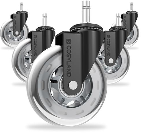 COSYLAND 5pcs Ruedas Silla Oficina - 11 mm x 22 mm - Deslizan Suavidad y Silencio - No Rayan el Suelo - No Acumula Suciedad - Gris Transparente