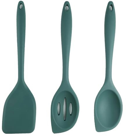 BMZXCH 3 Pezzi 28 cm Mestoli Cucchiai in Cucchiaio Silicone Cucina Cucchiai per Mescolare, Cucchiai Lunghi in Silicone Antiaderenti Resistenti al Calore per Mescolare Cucinare Cuocere (Verde Scuro)