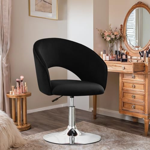 Ckaff Chaise de Coiffeuse Pivotante, Tabouret de Maquillage Réglable en Hauteur avec Dossier et Socle - Fauteuil de Salon Relax et Salle à Manger, Noir