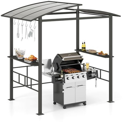 RELAX4LIFE Abri Barbecue Exterieur | Tonnelle Barbecue Exterieur | Double Toit en Polycarbonate Anti-UV | Cadre en Métal | Étagères | Crochets | Pergola BBQ pour Jardin, Terrasse, Fête