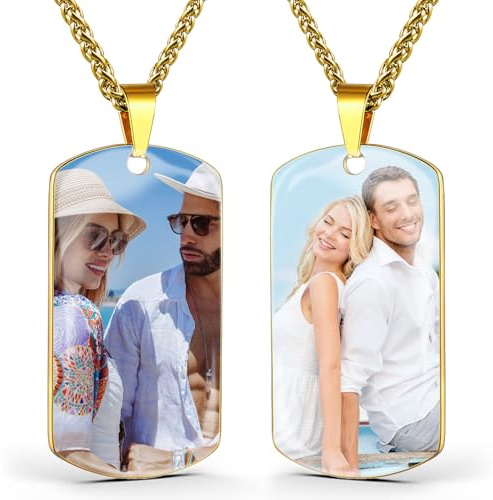 AAQ collana con foto personalizzata - Collana personalizzata con foto e testo per uomo e donna, Regalo donna uomo personalizzato per compleanno e Natale (Stampa UV - Oro - Foto su entrambi i lati)
