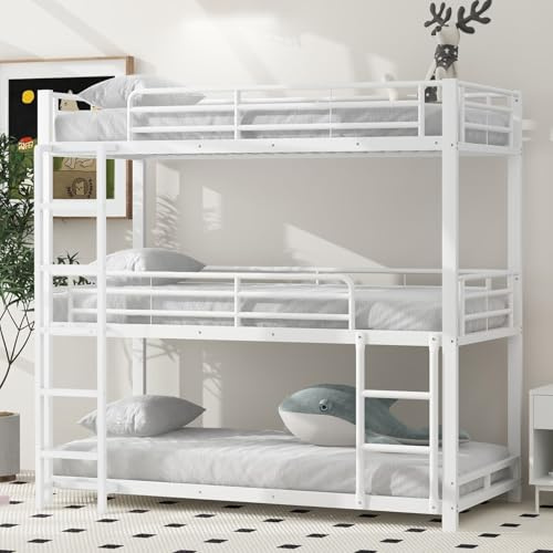 EURHCIO Lit Superposé 90x200cm,Lit Superposé 3 Places avec Haute Barrière de lit,Escalier,Sommier Robuste,pour Enfants Adolescents Adultes(A-Blanc)