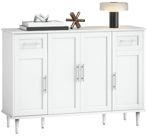 HOMCOM Mobile Soggiorno, Credenza Soggiorno con 2 Cassetti e 3 Armadietti con Ripiani Regolabili, Madia con Gambe in Pino per Sala da Pranzo e Cucina, 120x38x86 cm, Bianco