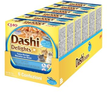 INABA Dashi Delights, Delicati Fiocchi in Brodo per Gatti con Tonno - 6 Coppette x 70 gr - Cibo Umido Complementare con Dashi, Snack per Gatti Ricco di Proteine, Ingredienti Naturali