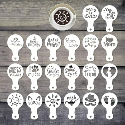 COYUN 20 Pièces Pochoir Café Pochoir Cappuccino Saupoudreuse à Farine Pochoir Cacao pour Capuccino Cafe Chocolat Chaud Pain Décoration (PET, plage de température : -40 °C à 230 °C)