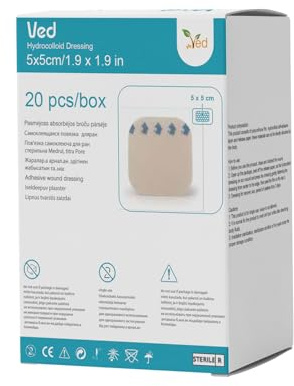 VED Hydrocolloid Dressing, Extra Thin Waterproof Adhesive Plasters, Breathable Bandages for Light Exudate, Skin Protection, Surface Wound Care, Faster Healing. (5 x 5 cm (20 Pack))