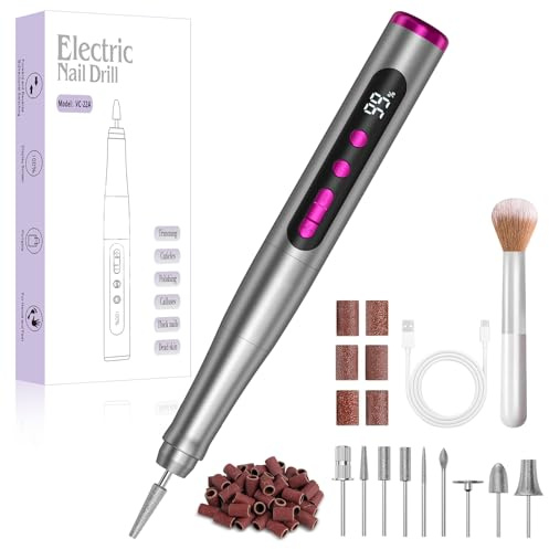 Cordless Electric Nail Drill - Rechargeable 35000 RPM Professional Manicure Pedicure Kit with LCD Display, 9 in 1 Nail File Set, 5 Adjustable Speeds for Acrylic & Gel Nails, Home Use & Salon-Gray