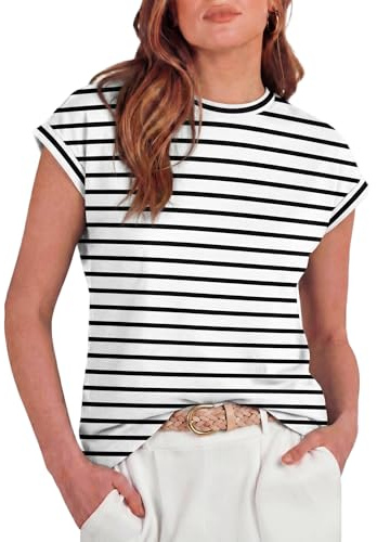 GRECERELLE Camisetas de verano para mujer, manga casquillo, cuello redondo, estilo casual, ligeras, elegantes, básicas