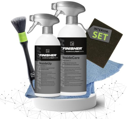 Auto Innenraumreiniger Set – THE FINISHER InsideUp & InsideCare 500 ml Cockpitreiniger und Kunststoffpflege mit Mikrofasertuch, Brush & Schwamm – Innenraum Pflege Set