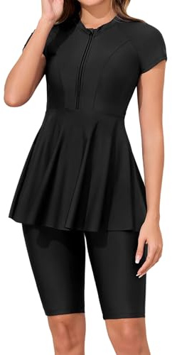 Hansber Femme Pièces Maillot De Bain Haut À Manches Courtes À Demi Zipper sans Fil avec Rembourrage Et Volants Short Ensemble