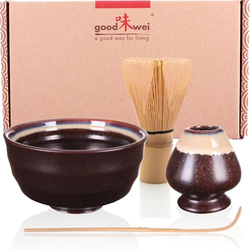 Goodwei Matcha-set Teservis med modern Matchaskål Chawan, Bambuvisp, matchande keramisk visphållare och den traditionella skeden (Kumo)