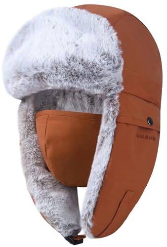 GADIEMKENSD Winter Trapper Hat for Men Warm Russian Ushanka for Women Snow Ski Hunting Trooper Hat with Windproof Mask Ear Flaps Chin Strap Fur Aviator Bomber Hat Snowboarding Gear Heated Hat Camel XL